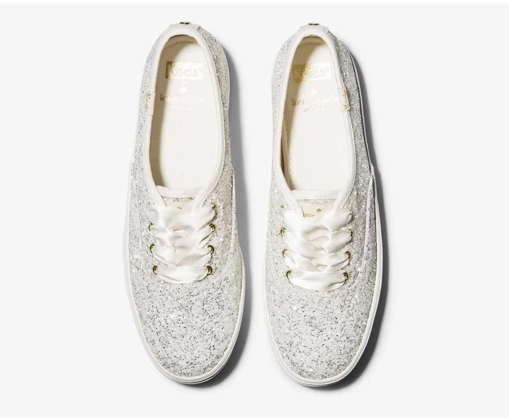 Womens Keds Sneakers - Kate Spade new york Triple Glitter - White - 5918-ZNVFK